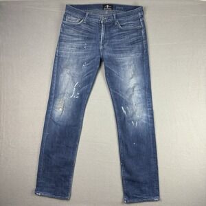 7 For All Mankind Jeans Mens 34x32 Blue Luxe Sport Slimmy Paint Pants STAINS USA